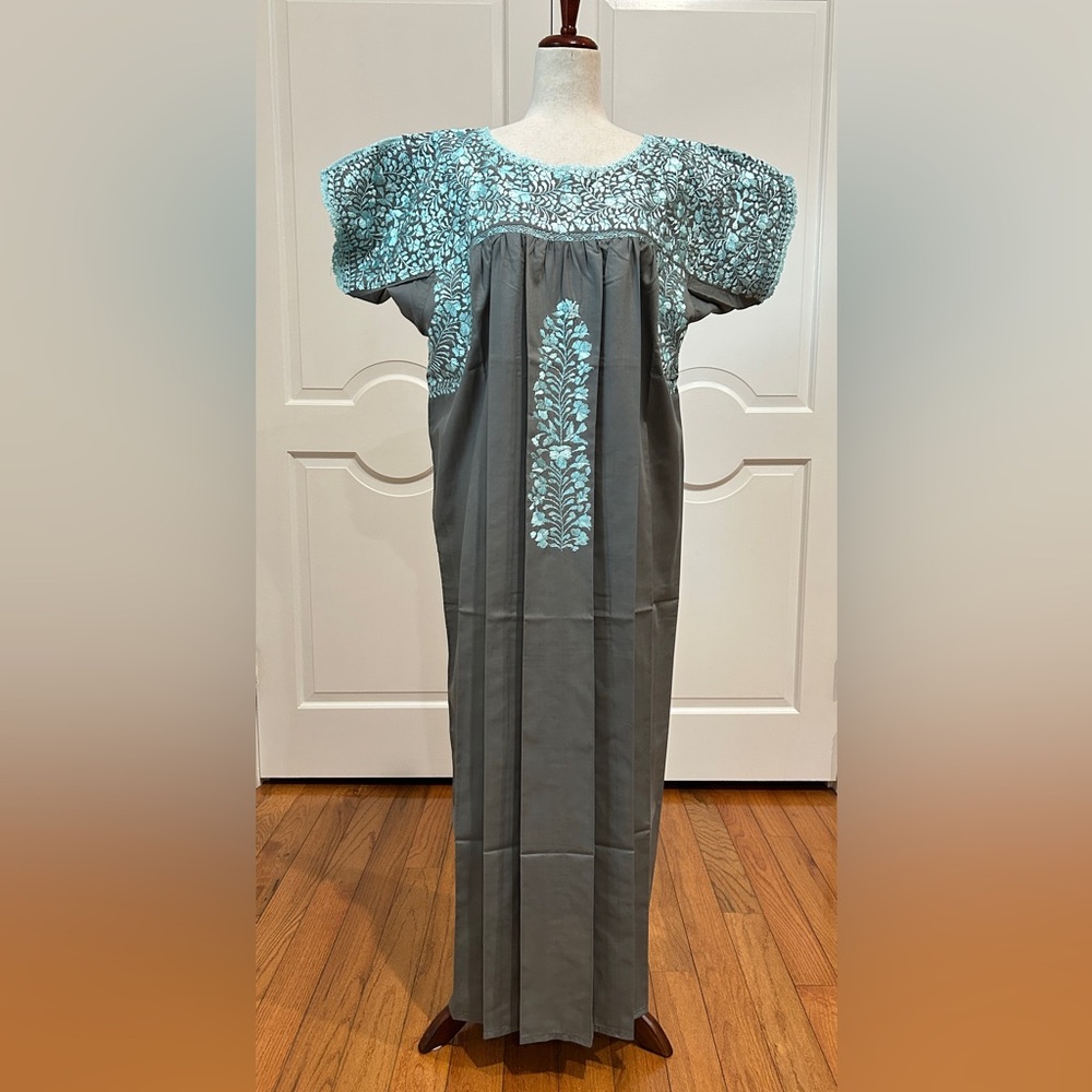 XL San Antonino Maxi Dress,Oax,Mexican dress Hand Embroidered with Silk threads.
